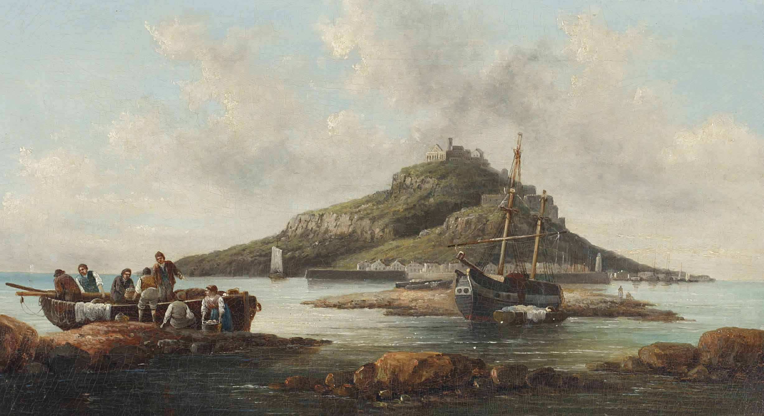 Coastal scene with islet and fishing folk